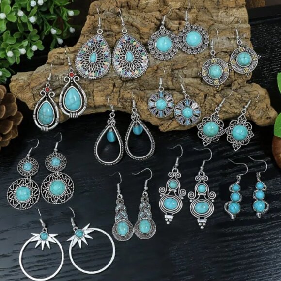 12 Pairs Turquoise Boho Tribal Geometric Earrings - Picture 1 of 12